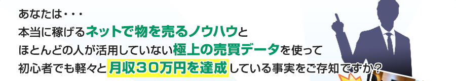 あなたは・・・本当に稼げるネットで物を売るノウハウとほとんどの人が活用していない極上の売買データを使って初心者でも軽々と月収３０万円を達成している事実をご存知ですか？