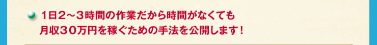 １日２～３時間の作業だから時間がなくても月収３０万円を稼ぐための手法を公開します！